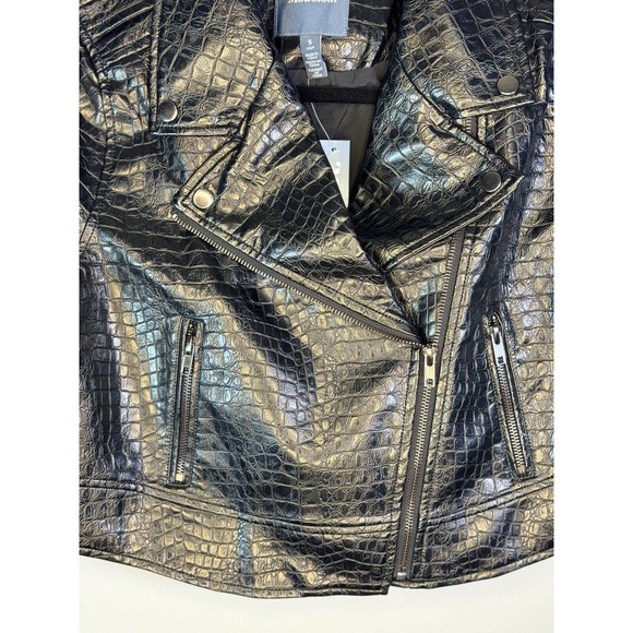 ModCloth Crocodile Black Faux Vegan Leather Moto Biker Crop Jacket Sz Sm… - Picture 3 of 10